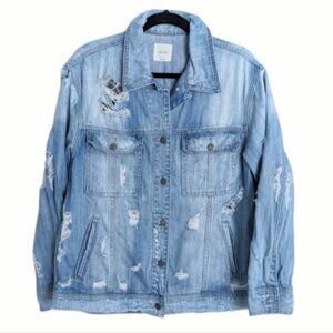 Hidden destroyed distressed holes ripped denim jean jacket light blue Medium A10